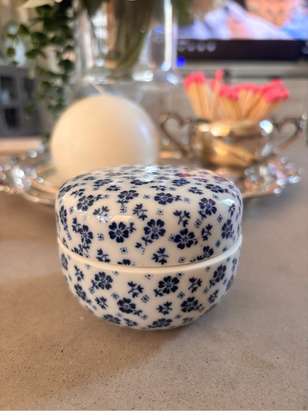 Blue Floral Ceramic Trinket Box - Porcelain Keepsake Jar